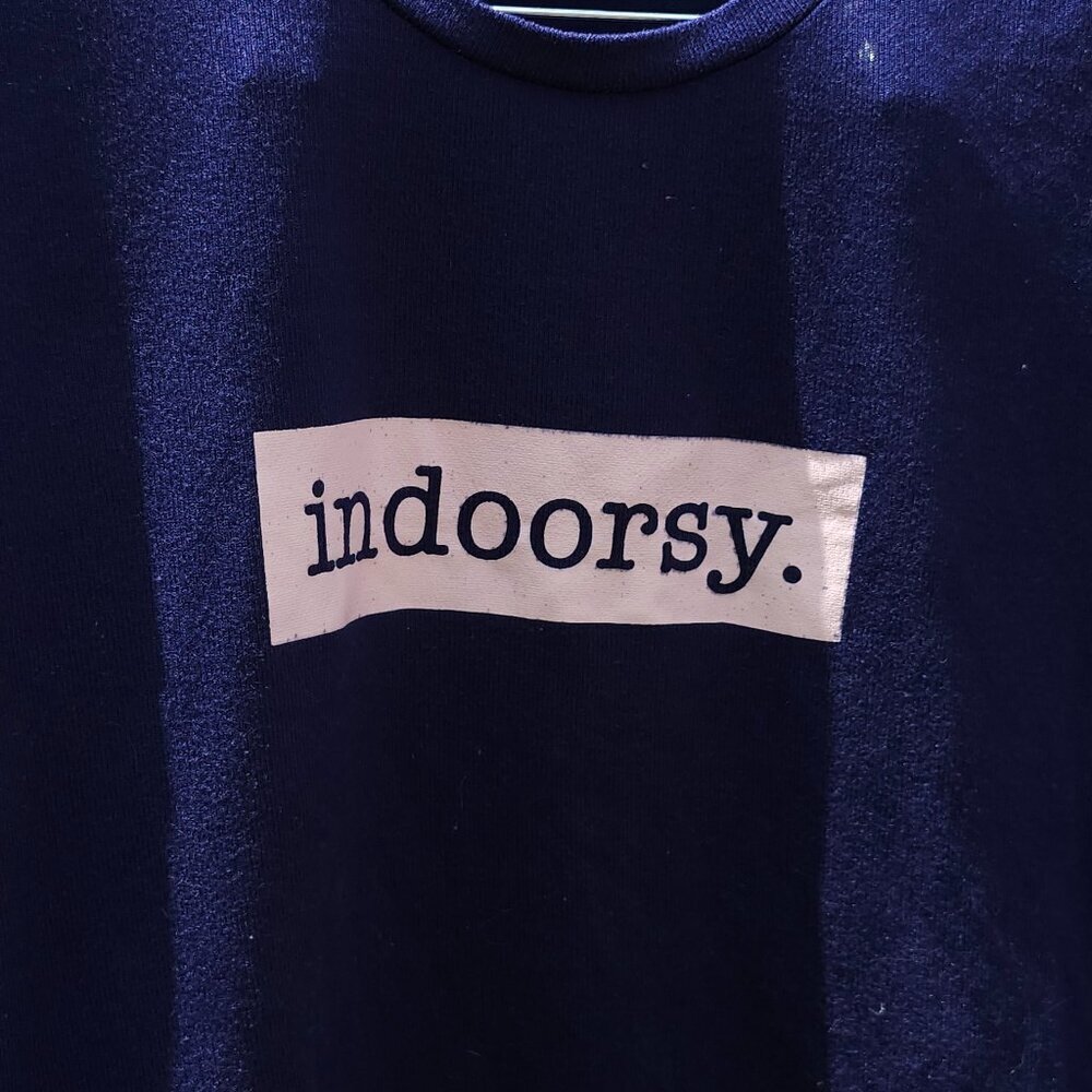 Hello Mello INSOORSY graphic navy wide crew neck long sleeve knit top Women's M
